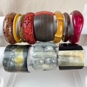 Vintage to Now Wooden Acrylic Bangle Cuff Bracelet Lot Animal Modern Boho Resin